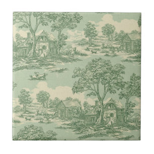 Carreau Paysage pastoral toile vert sauge Scène rurale de