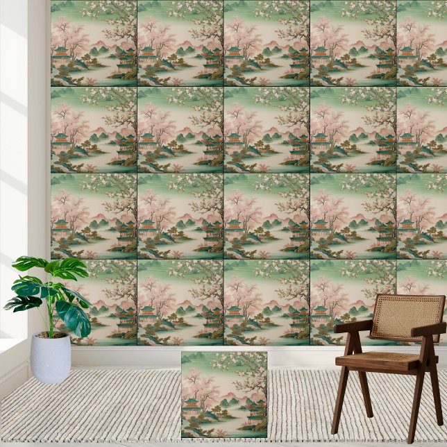 Carreau Paysage Pittoresque inspiré par l'Asie Jardin Chin (Asian Inspired Scenic Landscape Chinoiserie Garden Ceramic Tile)