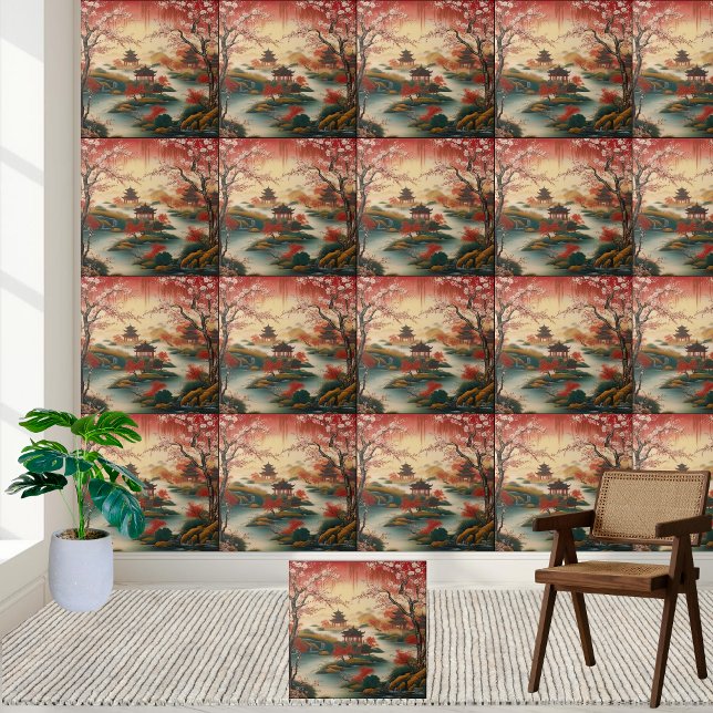 Carreau Paysage romantique asiatique Chinoiserie Carrelage (Romantic Asian Landscape Chinoiserie Tile Decor)