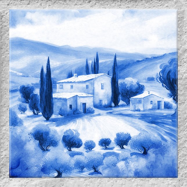 Carreau Paysage toscan Aquarelle Delft Style Bleu Carrelag (Tile featuring a watercolor painting of a Tuscan landscape scene in a Delft Blue style)