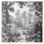 Carreau Paysage vintage Cottage Toile-Noir & Blanc<br><div class="desc">Paysage vintage classique toile de jouy motif avec chalet rustique et pont dans une clairière encadrée par un bosquet d'arbres dans les tons noir et gris sur arrière - plan blanc. Le motif est transparent et peut être mis à niveau vers le haut ou vers le bas.</div>