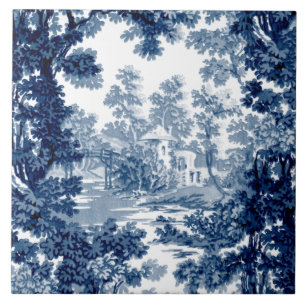 Carreau Paysage vintage du chalet Toile-Bleu & Blanc