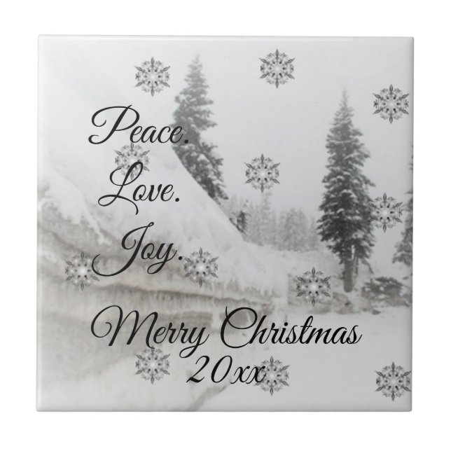 Carreau Peace Love Joy | Noir et blanc Snowfall Noël (Devant)