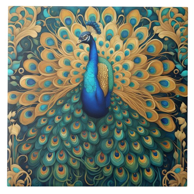 Carreau Peacock Art Nouveau Art Déco Turquoise & Or (Devant)