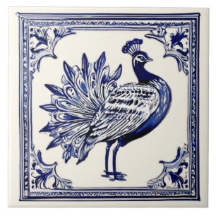 Carreau Peacock Bleu et Blanc Folk Art animal
