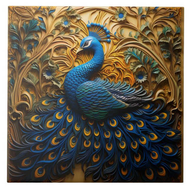 Carreau Peacock bleu et orange, Arrière - plan d'or (Devant)