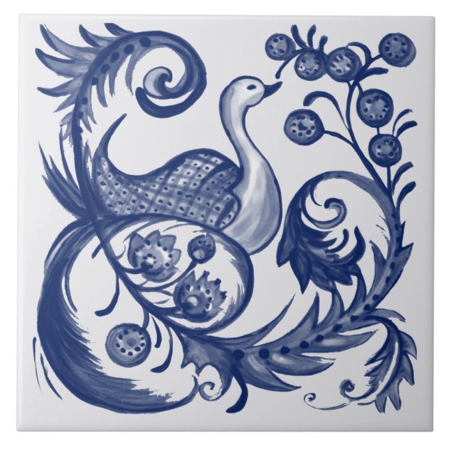 Carreau Peacock Blue White Swirl Vintage Folk Design (Devant)