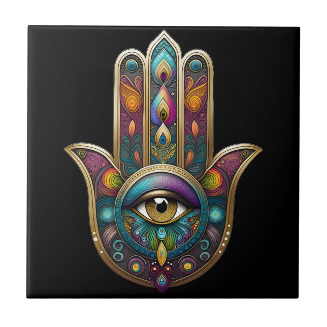 Carreau Peacock Colors Hamsa w/ Gold Third Eye (Devant)