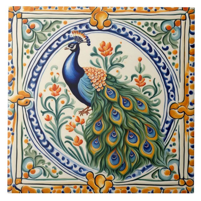 Carreau Peacock Méditerranéen Jaune & Bleu Folk Floral (Devant)