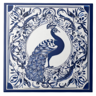 Carreau Peacock Navy Bleu foncé et Blanc Folk Animal Art