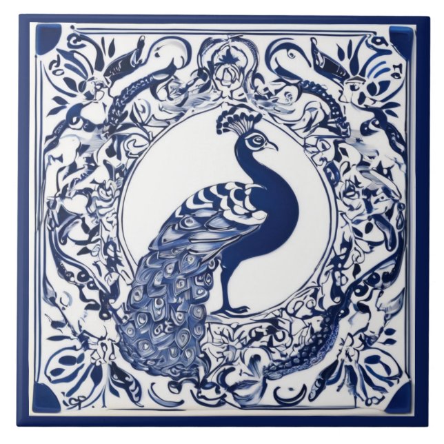 Carreau Peacock Navy Bleu foncé et Blanc Folk Animal Art (Devant)