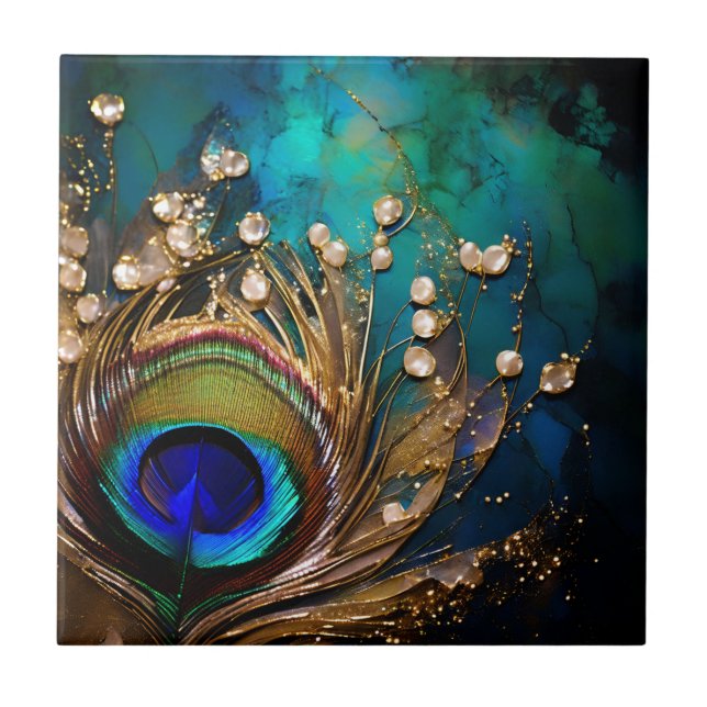 Carreau Peacock plumes marbré perle de luxe mur (Devant)