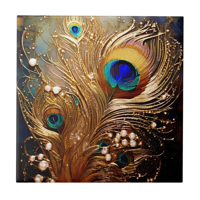 Carreau Peacock plumes perle points marbré faux mur (Devant)