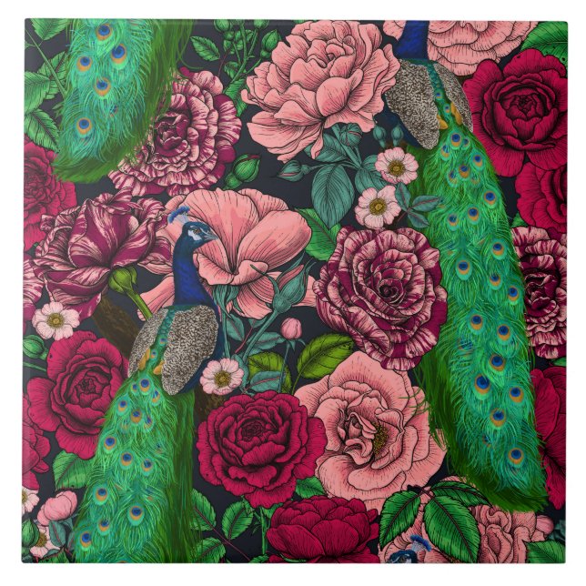 Carreau Peacocks dans le jardin rose 2 (Devant)