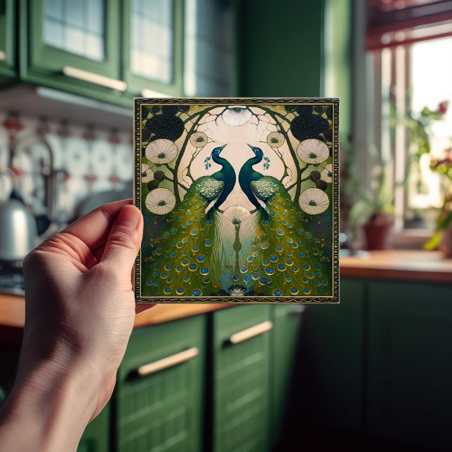 Carreau Peacocks Klimt Décor Mur Vert Art Nouveau (Créateur téléchargé)