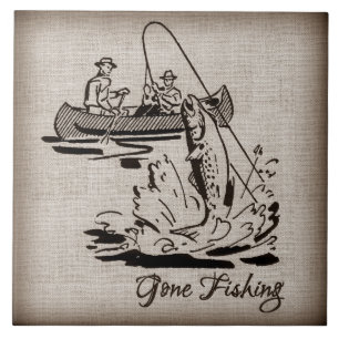 Carreau Pêche Vintage Canoë Kayak Poisson sur Burlap