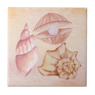 Carreau Peinture à l'aquarelle nautique coquillages roses