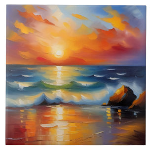 Carreau Peinture à l'huile de couché de soleil orange sur