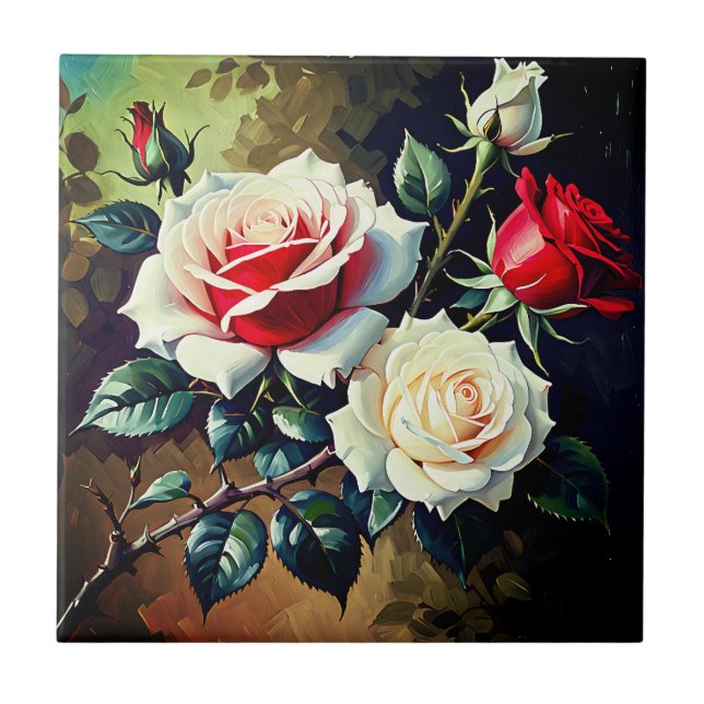 Carreau Peinture à l'huile de roses rouges blanches roses  (Devant)