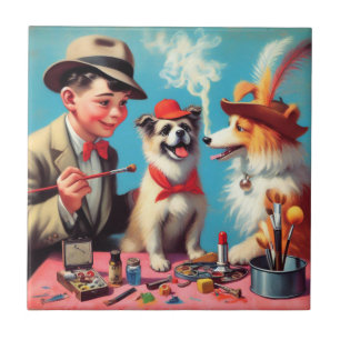 Carreau Peinture à l'huile rétro Chiens heureux