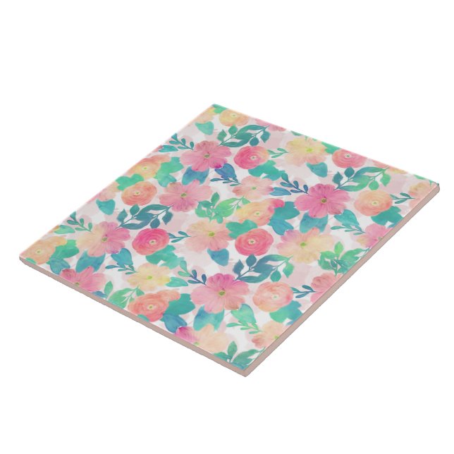 Carreau Peinture à main rose bleu florale Fille Design (Côté)