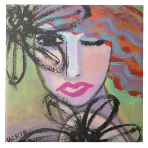 Carreau Peinture abstraite de femme et de fleurs
