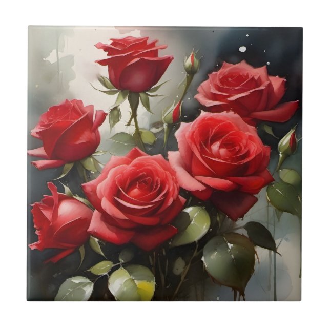 Carreau Peinture aquarelle de jolies roses rouges (Devant)