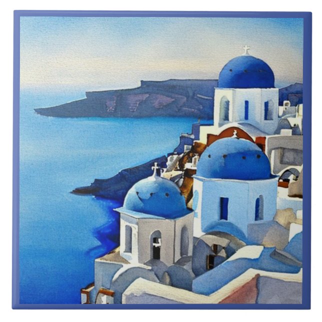 Carreau Peinture aquarelle de Santorin Grèce (Devant)