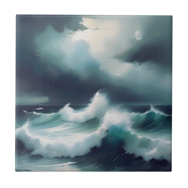 Carreau Peinture aquarelle de vagues de l'océan bleu gris  (Devant)