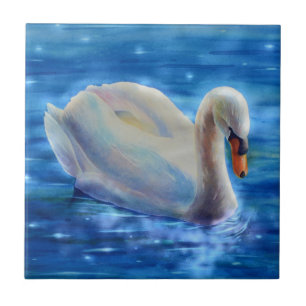 Carreau Peinture d'aquarelle de cygne blanc, sauvagine, oi
