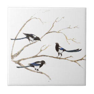 Carreau Peinture d'aquarelle de famille d'oiseau de pie