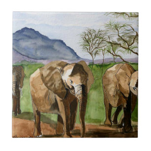 Carreau Peinture d'aquarelle des éléphants africains
