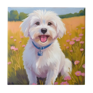 Carreau Peinture de champ de fleurs de chien maltais