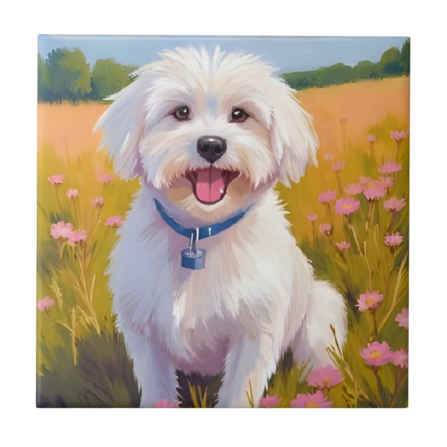 Carreau Peinture de champ de fleurs de chien maltais (Devant)