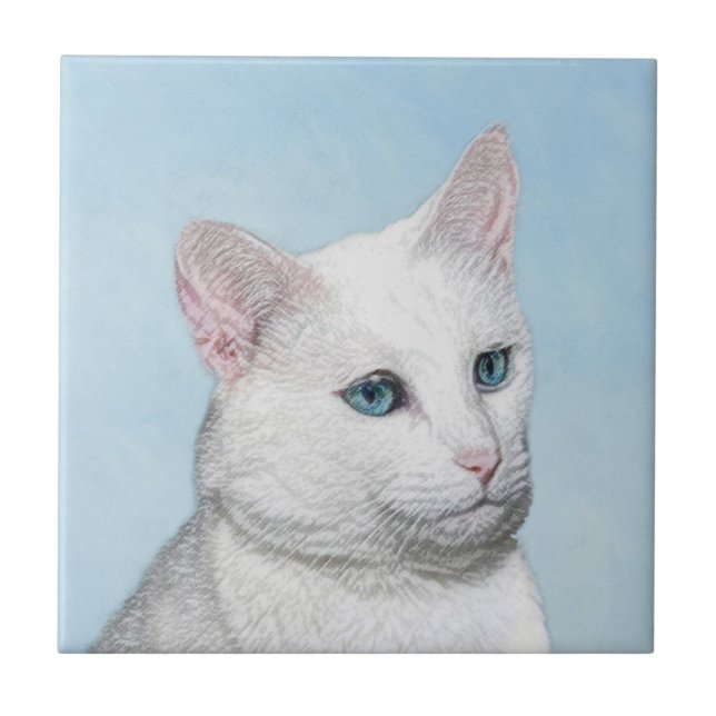 Carreau Peinture de chat blanc - Cute Original Cat Art (Devant)