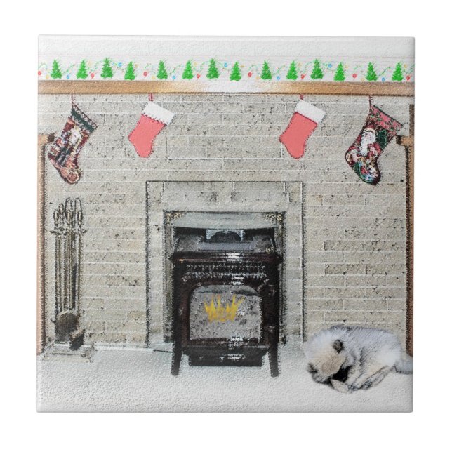 Carreau Peinture de chiot Keeshond Noël près de la cheminé (Devant)