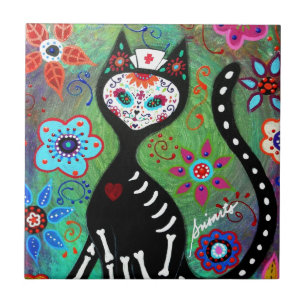 CARREAU PEINTURE DE L'EL GATO CAT DIA DE LOS MUERTOS NURSE