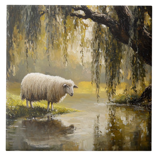 Carreau Peinture de moutons sous un saule pleureur (Devant)