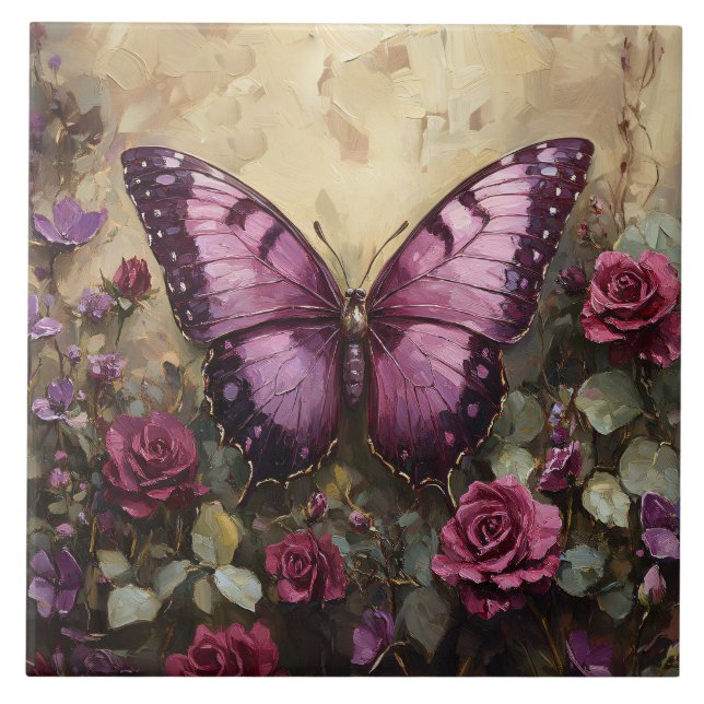 Carreau Peinture de rosier papillon violet (Devant)
