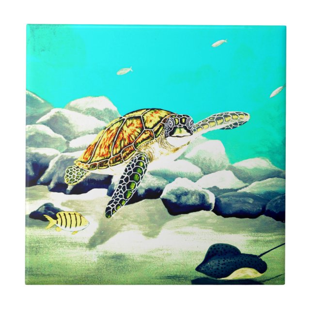 Carreau Peinture de tortue de mer Belle Mer Bleue (Devant)