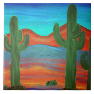 Carreau Peinture du coucher de soleil du Saguaro du Sud-Ou