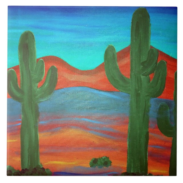 Carreau Peinture du coucher de soleil du Saguaro du Sud-Ou (Devant)