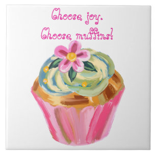 Carreau Peinture Fantaisiste de Muffin avec Fleur Rose