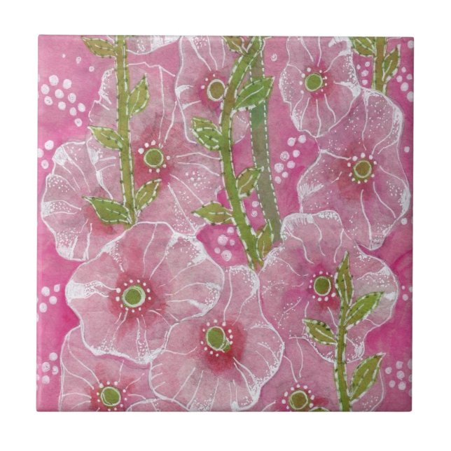 Carreau Peinture florale rose Hollyhock Malve Malva (Devant)