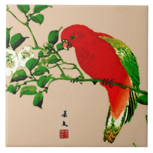 Carreau Peinture japonaise vintage d'un perroquet, rouge e