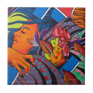 Carreau Peinture murale de mur de femme et de poulet