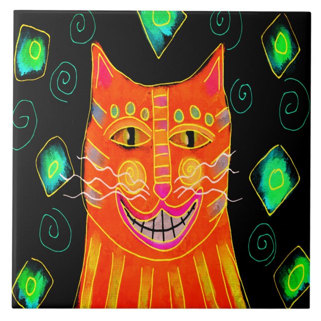 Carreau Peinture numérique de chat orange souriant (Devant)