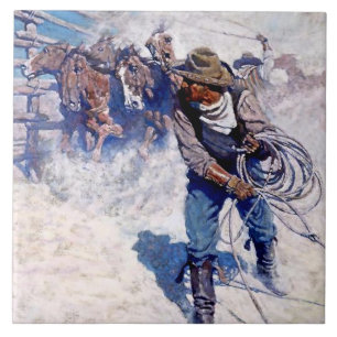 Carreau Peinture occidentale de N C Wyeth « Roping Wild Ho