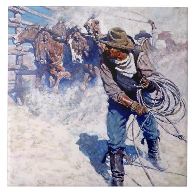 Carreau Peinture occidentale de N C Wyeth « Roping Wild Ho (Devant)