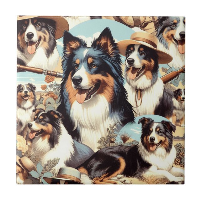 Carreau Peinture rétro Australian Shepherd sans couture (Devant)